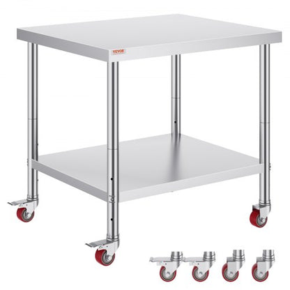 Stainless Steel Work Table 36 x 30 x 34 Inch, 700 LBS Load Capacity with 4 Wheels, 3 Adjustable Height Levels, Heavy Duty Food Prep Worktable for Commercial Kitchen Restaurant, Silver