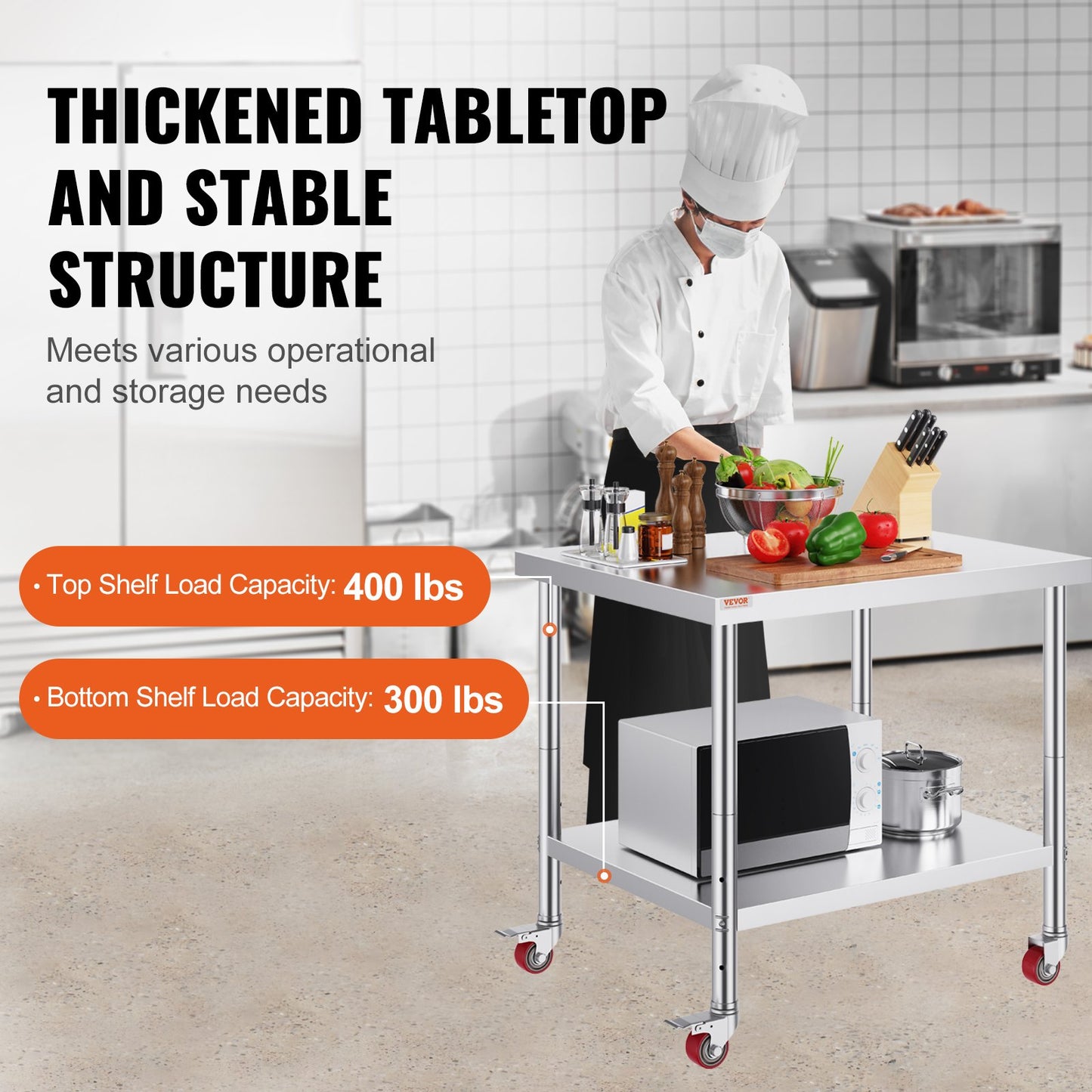Stainless Steel Work Table 36 x 30 x 34 Inch, 700 LBS Load Capacity with 4 Wheels, 3 Adjustable Height Levels, Heavy Duty Food Prep Worktable for Commercial Kitchen Restaurant, Silver