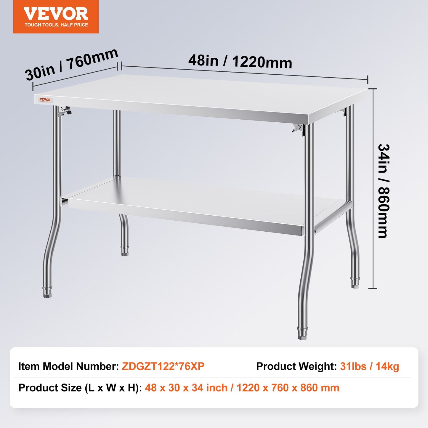 Folding Commercial Prep Table, 48 x 30 Inch Commercial Worktable Workstation with Undershelf, Heavy-duty Stainless Steel Folding Table with 300 lbs Load, for Home Kitchen Restaurant Garage