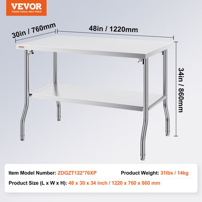 Commercial Work Table Workstation 48x30 Inch Foldable Commercial Prep Table, Double Shelf Stainless Steel Folding Table, Kitchen Work Table with 772 lbs Load Silver Stainless Steel Kitchen Island
