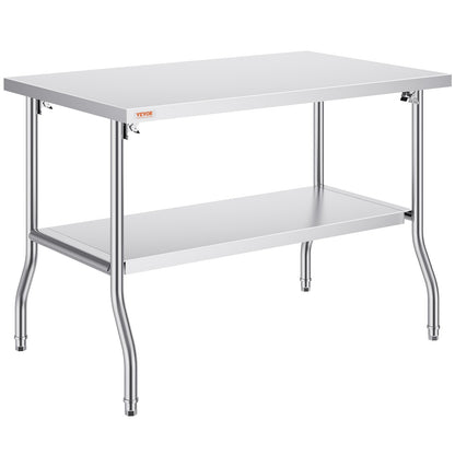 Commercial Work Table Workstation 48x30 Inch Foldable Commercial Prep Table, Double Shelf Stainless Steel Folding Table, Kitchen Work Table with 772 lbs Load Silver Stainless Steel Kitchen Island