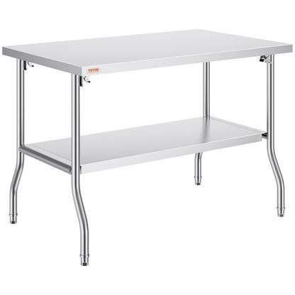 Commercial Work Table Workstation 48x30 Inch Foldable Commercial Prep Table, Double Shelf Stainless Steel Folding Table, Kitchen Work Table with 772 lbs Load Silver Stainless Steel Kitchen Island