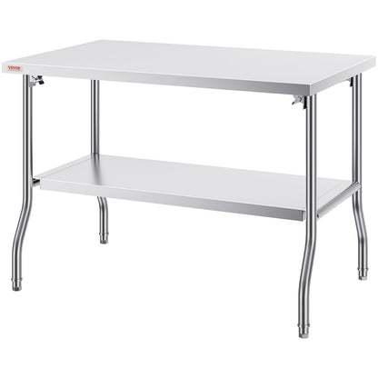Commercial Work Table Workstation 48x30 Inch Foldable Commercial Prep Table, Double Shelf Stainless Steel Folding Table, Kitchen Work Table with 772 lbs Load Silver Stainless Steel Kitchen Island