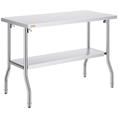 Folding Commercial Prep Table, 48 x 24 Inch Commercial Worktable Workstation with Undershelf, Heavy-duty Stainless Steel Folding Table with 300 lbs Load, for Home Kitchen Restaurant Garage