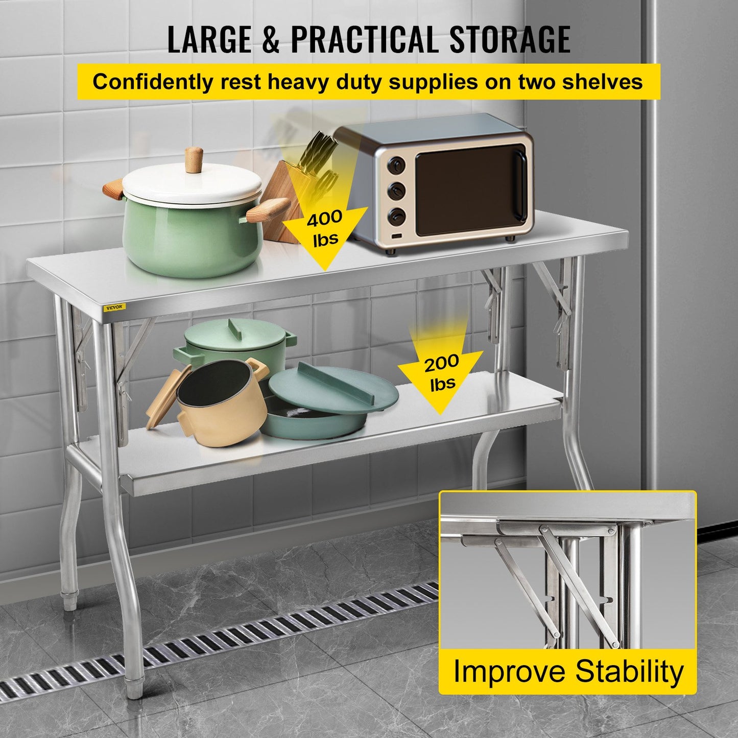 Folding Commercial Prep Table, 48 x 24 Inch Commercial Worktable Workstation with Undershelf, Heavy-duty Stainless Steel Folding Table with 300 lbs Load, for Home Kitchen Restaurant Garage