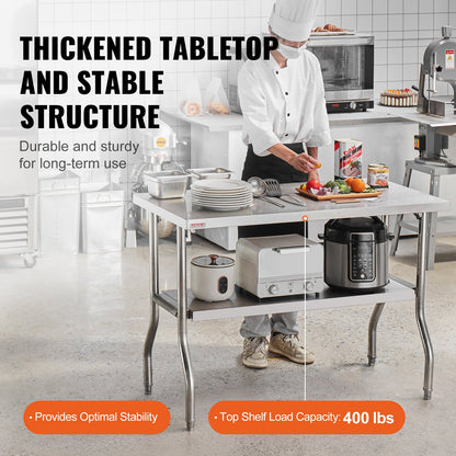 Folding Commercial Prep Table, 48 x 24 Inch Commercial Worktable Workstation with Undershelf, Heavy-duty Stainless Steel Folding Table with 300 lbs Load, for Home Kitchen Restaurant Garage