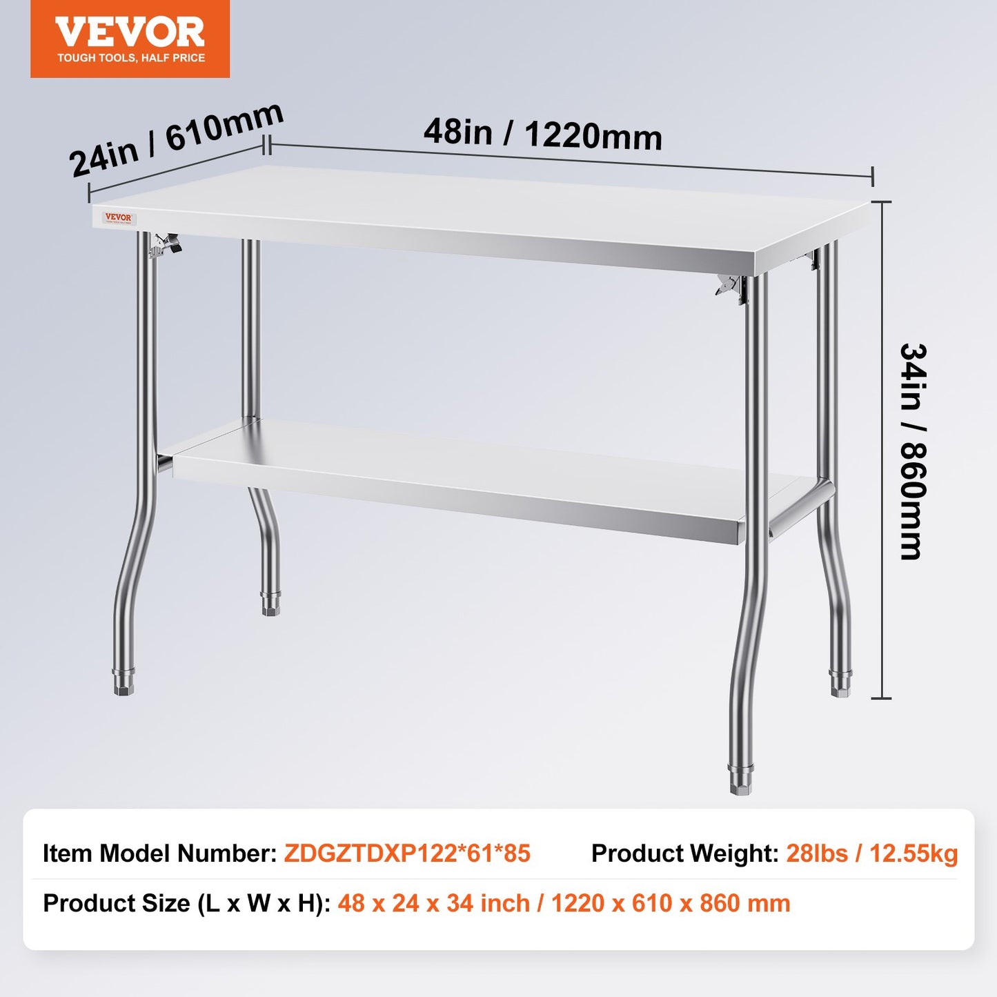 Folding Commercial Prep Table, 48 x 24 Inch Commercial Worktable Workstation with Undershelf, Heavy-duty Stainless Steel Folding Table with 300 lbs Load, for Home Kitchen Restaurant Garage