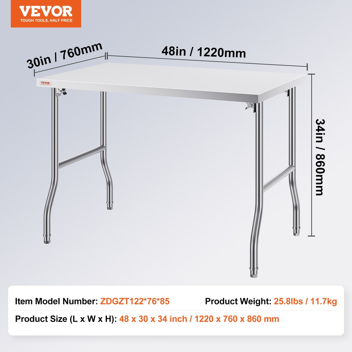Folding Commercial Prep Table, 48 x 30 Inch Commercial Worktable Workstation, Heavy-duty Stainless Steel Folding Table with 300 lbs Load, Kitchen Work Table, for Home Kitchen Restaurant Garage