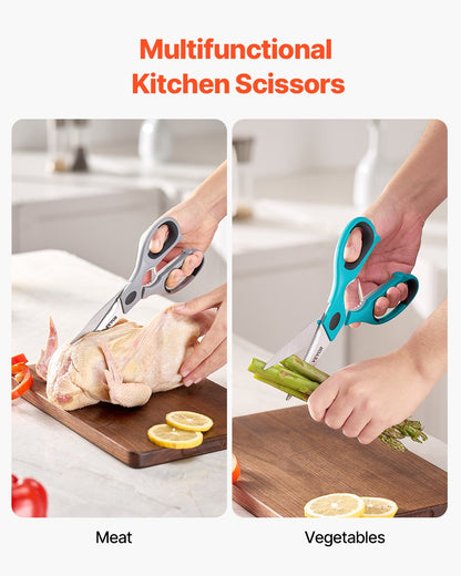 Kitchen Scissors, 2 Pack Durable Stainless Steel Kitchen Shears with Sheaths, Heavy Duty Cooking Shears with Soft Grip Comfort Handle, Kitchen Utensil for Cutting Meat, Fish, Poultry, Cyan+Grey
