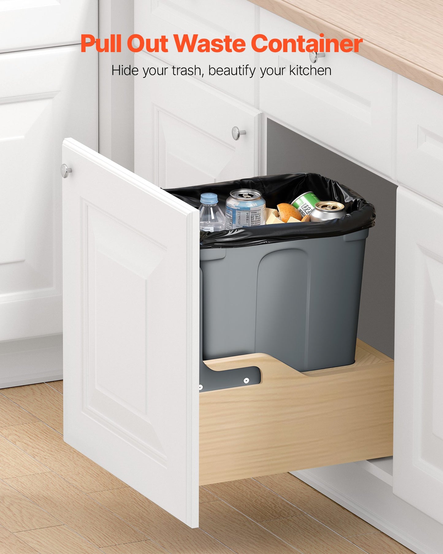 Wood Pullout Trash Can for Kitchen Cabinets, 35 QT Garbage Waste Recycling Bin, Under Mount Waste Container, with Heavy Duty Metal Soft Close Sliding System, Door Kit, for Sink, Under Counter