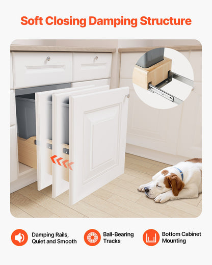 Wood Pullout Trash Can for Kitchen Cabinets, 35 QT Garbage Waste Recycling Bin, Under Mount Waste Container, with Heavy Duty Metal Soft Close Sliding System, Door Kit, for Sink, Under Counter
