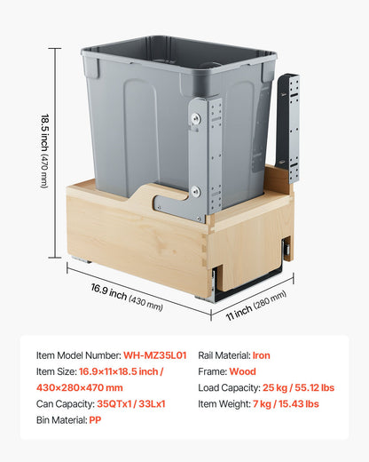 Wood Pullout Trash Can for Kitchen Cabinets, 35 QT Garbage Waste Recycling Bin, Under Mount Waste Container, with Heavy Duty Metal Soft Close Sliding System, Door Kit, for Sink, Under Counter