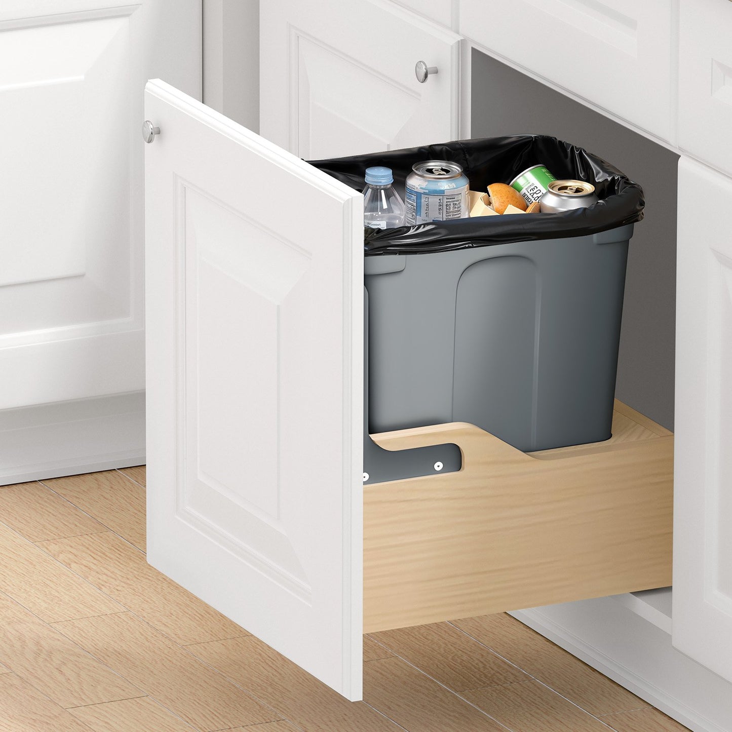 Wood Pullout Trash Can for Kitchen Cabinets, 35 QT Garbage Waste Recycling Bin, Under Mount Waste Container, with Heavy Duty Metal Soft Close Sliding System, Door Kit, for Sink, Under Counter