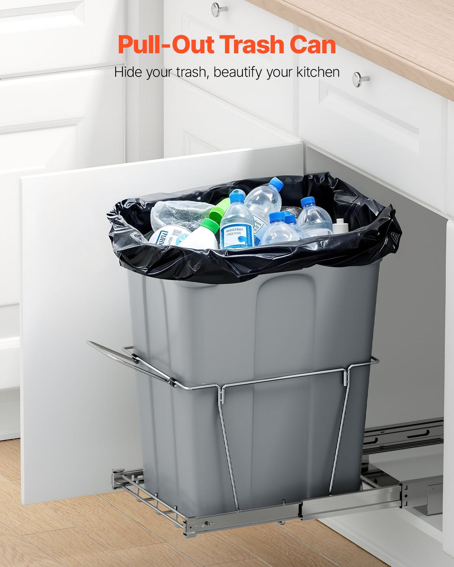 Pullout Trash Can for Kitchen Cabinets, 35 QT Garbage Waste Recycling Bin, Under Mount Waste Container, with Heavy Duty Metal Full Extension Sliding System and Handle, for Sink, Under Counter