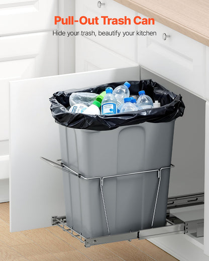Pullout Trash Can for Kitchen Cabinets, 35 QT Garbage Waste Recycling Bin, Under Mount Waste Container, with Heavy Duty Metal Full Extension Sliding System and Handle, for Sink, Under Counter
