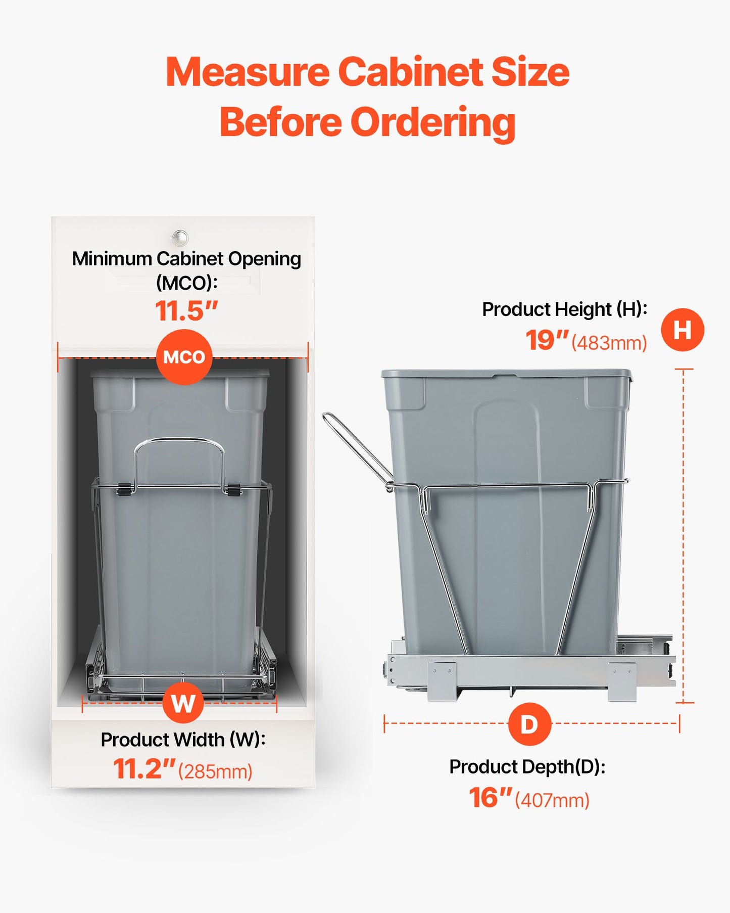 Pullout Trash Can for Kitchen Cabinets, 35 QT Garbage Waste Recycling Bin, Under Mount Waste Container, with Heavy Duty Metal Full Extension Sliding System and Handle, for Sink, Under Counter
