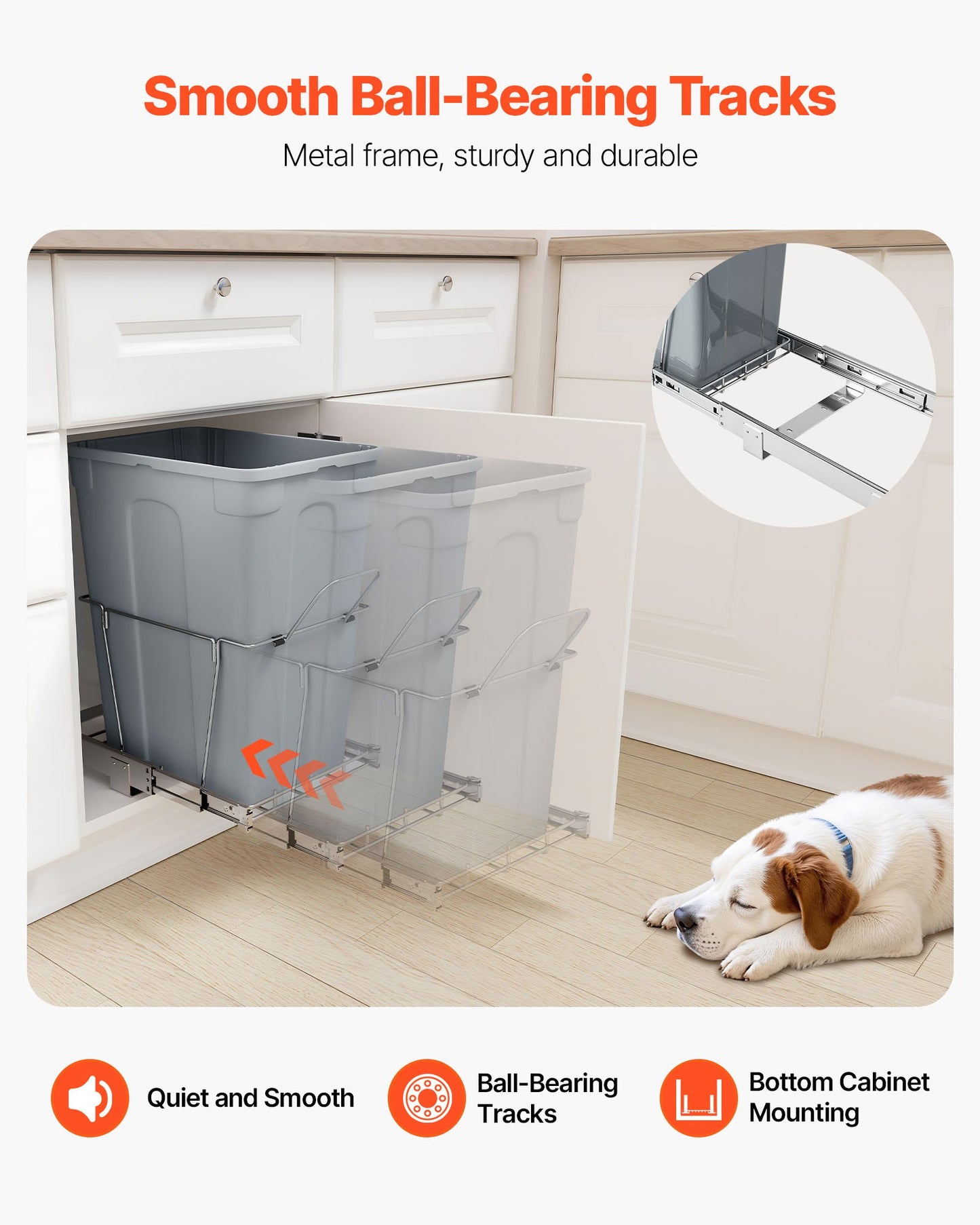 Pullout Trash Can for Kitchen Cabinets, 35 QT Garbage Waste Recycling Bin, Under Mount Waste Container, with Heavy Duty Metal Full Extension Sliding System and Handle, for Sink, Under Counter