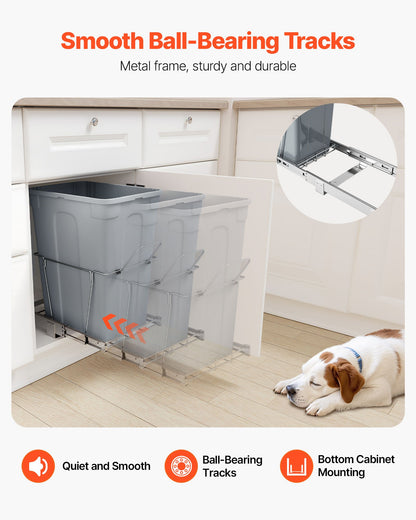 Pullout Trash Can for Kitchen Cabinets, 35 QT Garbage Waste Recycling Bin, Under Mount Waste Container, with Heavy Duty Metal Full Extension Sliding System and Handle, for Sink, Under Counter