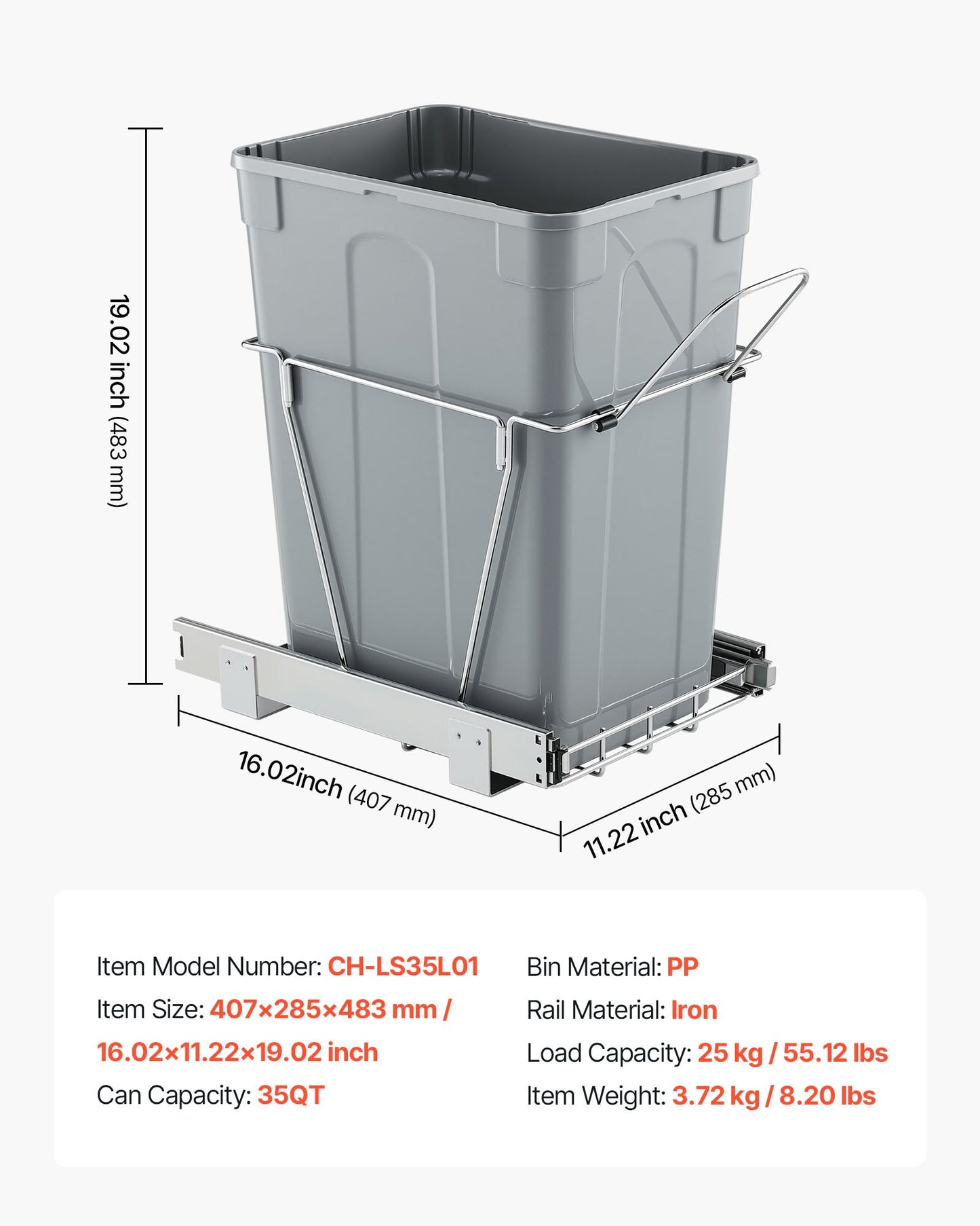 Pullout Trash Can for Kitchen Cabinets, 35 QT Garbage Waste Recycling Bin, Under Mount Waste Container, with Heavy Duty Metal Full Extension Sliding System and Handle, for Sink, Under Counter