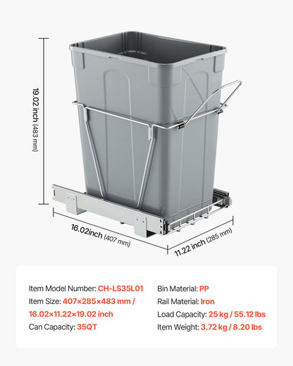 Pullout Trash Can for Kitchen Cabinets, 35 QT Garbage Waste Recycling Bin, Under Mount Waste Container, with Heavy Duty Metal Full Extension Sliding System and Handle, for Sink, Under Counter