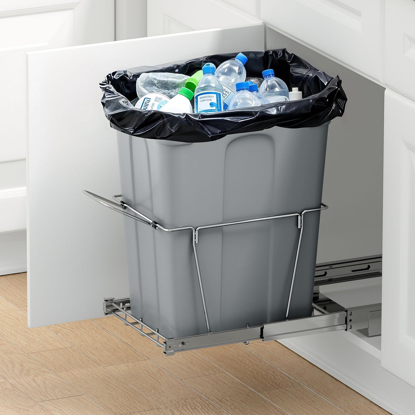 Pullout Trash Can for Kitchen Cabinets, 35 QT Garbage Waste Recycling Bin, Under Mount Waste Container, with Heavy Duty Metal Full Extension Sliding System and Handle, for Sink, Under Counter