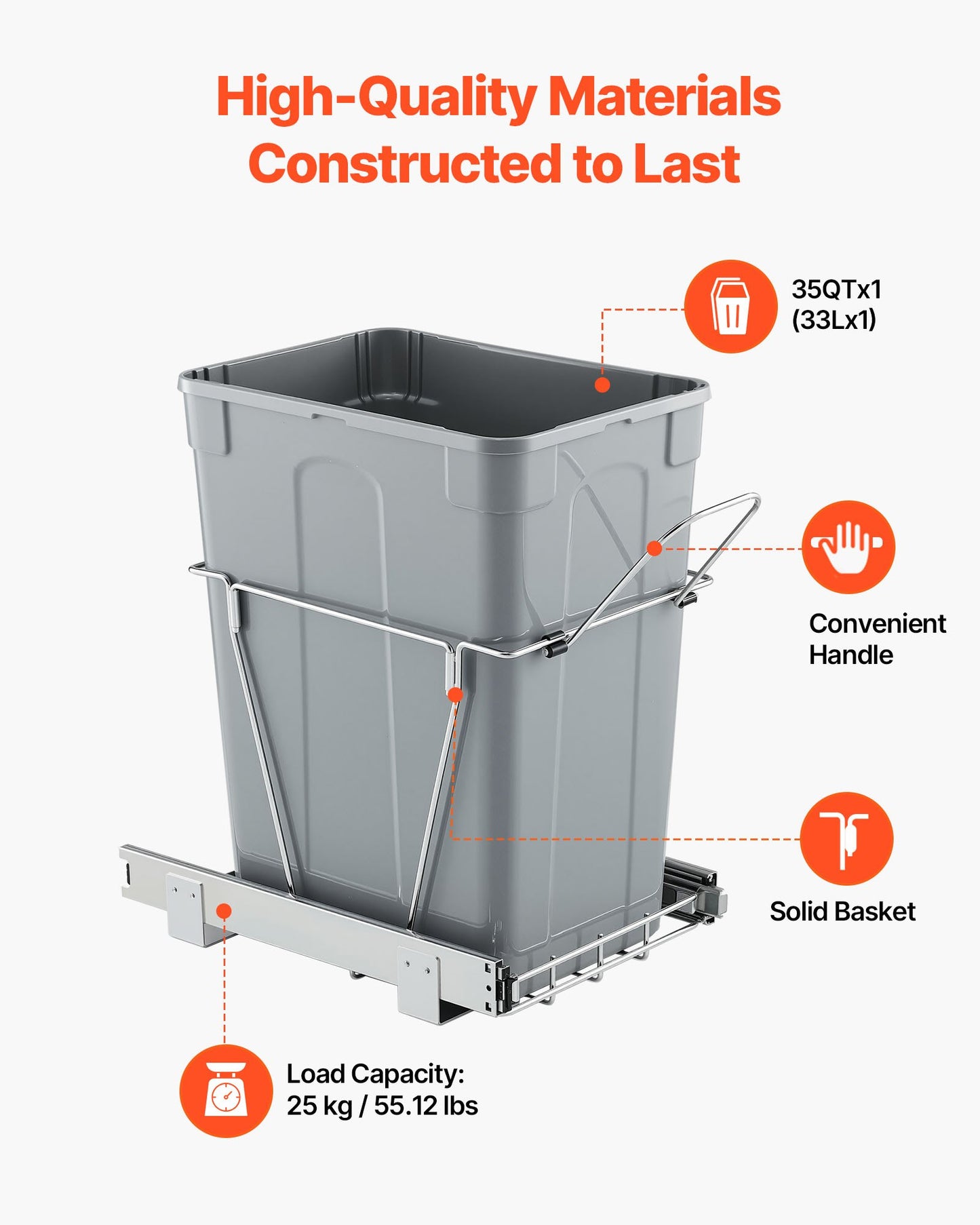 Pullout Trash Can for Kitchen Cabinets, 35 QT Garbage Waste Recycling Bin, Under Mount Waste Container, with Heavy Duty Metal Full Extension Sliding System and Handle, for Sink, Under Counter