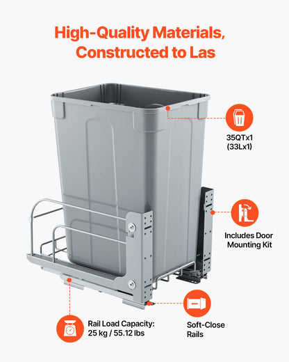 Pullout Trash Can for Kitchen Cabinets, 35 QT Garbage Waste Recycling Bin, Under Mount Waste Container, with Heavy Duty Metal Soft Close Sliding System and Door Kit, for Sink, Under Counter