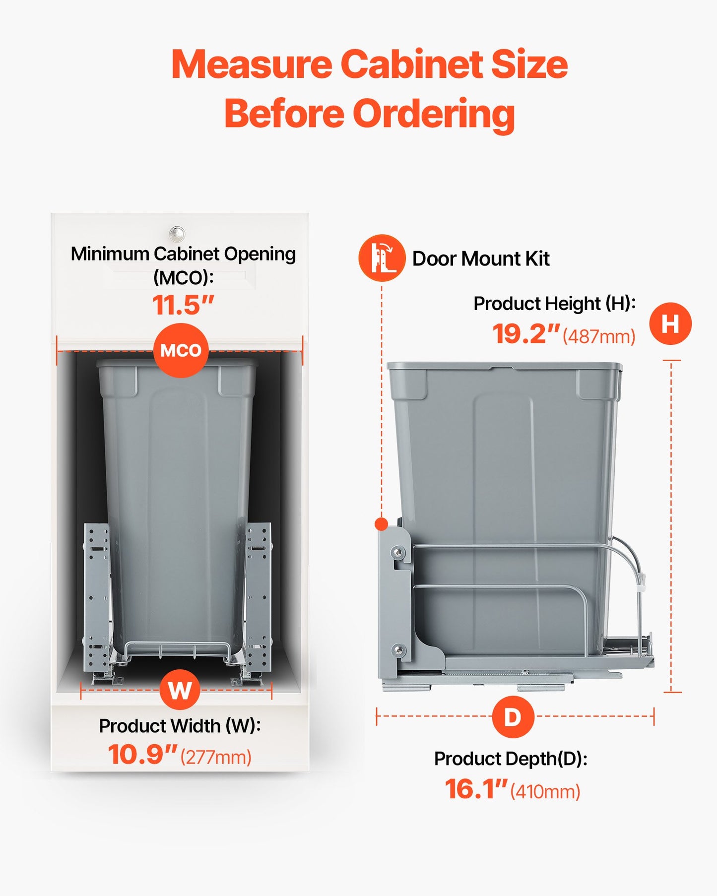 Pullout Trash Can for Kitchen Cabinets, 35 QT Garbage Waste Recycling Bin, Under Mount Waste Container, with Heavy Duty Metal Soft Close Sliding System and Door Kit, for Sink, Under Counter