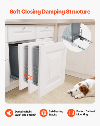 Pullout Trash Can for Kitchen Cabinets, 35 QT Garbage Waste Recycling Bin, Under Mount Waste Container, with Heavy Duty Metal Soft Close Sliding System and Door Kit, for Sink, Under Counter