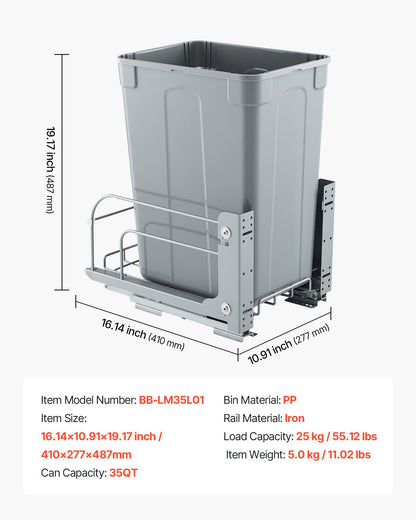Pullout Trash Can for Kitchen Cabinets, 35 QT Garbage Waste Recycling Bin, Under Mount Waste Container, with Heavy Duty Metal Soft Close Sliding System and Door Kit, for Sink, Under Counter