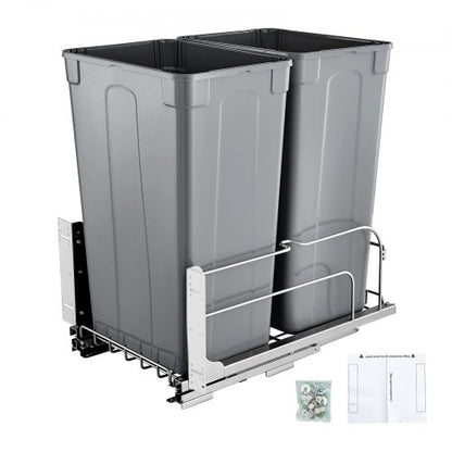 Pull-Out Trash Can, 50 QT x2 Double Under Mount Kitchen Waste Container, Heavy Duty Garbage Recycling Bin with Door Kit and Soft Close Slide, for Kitchen Cabinet, Sink, Under Counter (Grey)