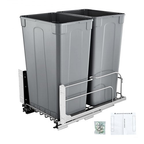 Pull-Out Trash Can, 50 QT x2 Double Under Mount Kitchen Waste Container, Heavy Duty Garbage Recycling Bin with Door Kit and Soft Close Slide, for Kitchen Cabinet, Sink, Under Counter (Grey)