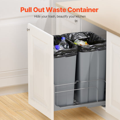 Pull-Out Trash Can, 50 QT x2 Double Under Mount Kitchen Waste Container, Heavy Duty Garbage Recycling Bin with Door Kit and Soft Close Slide, for Kitchen Cabinet, Sink, Under Counter (Grey)