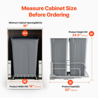 Pull-Out Trash Can, 50 QT x2 Double Under Mount Kitchen Waste Container, Heavy Duty Garbage Recycling Bin with Door Kit and Soft Close Slide, for Kitchen Cabinet, Sink, Under Counter (Grey)