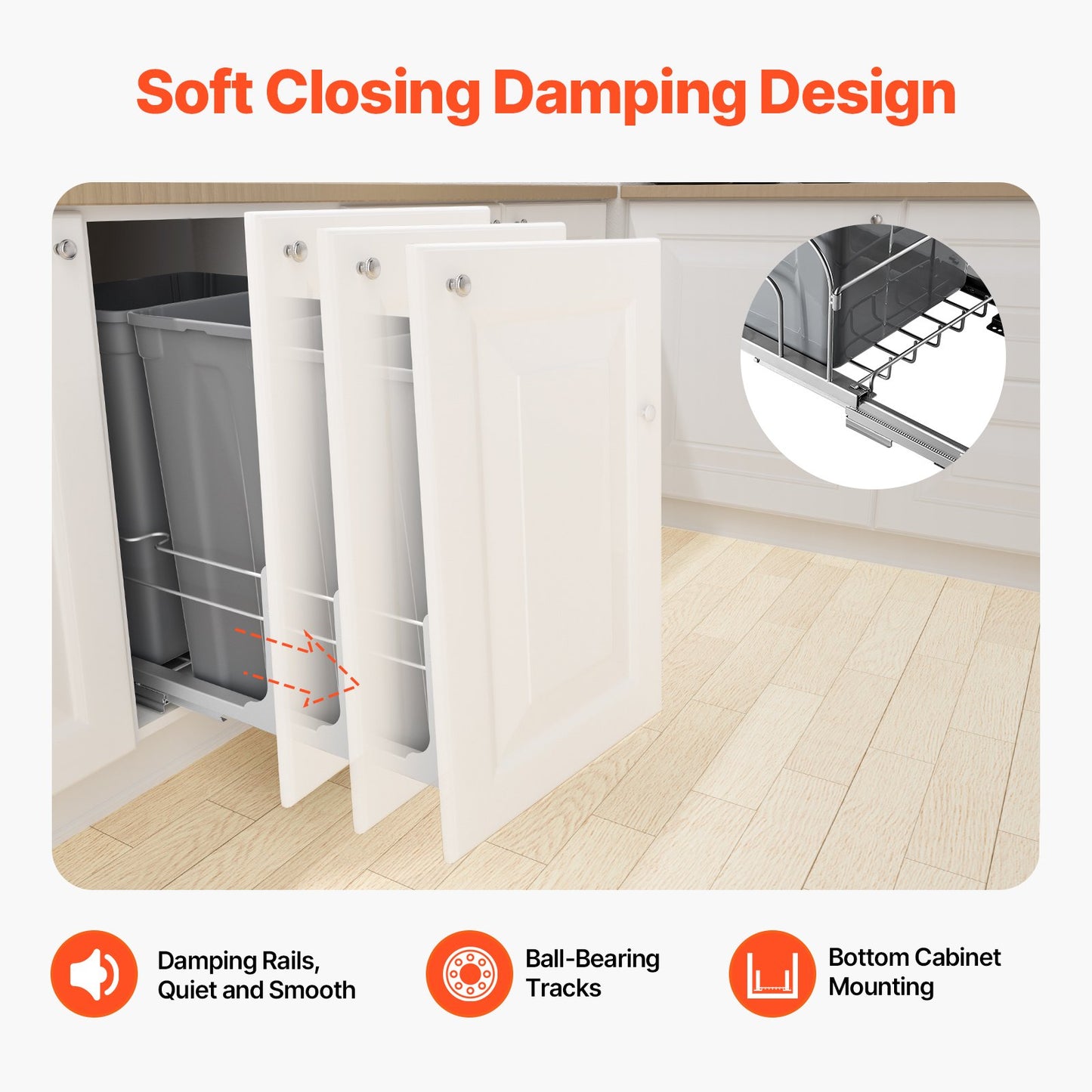 Pull-Out Trash Can, 50 QT x2 Double Under Mount Kitchen Waste Container, Heavy Duty Garbage Recycling Bin with Door Kit and Soft Close Slide, for Kitchen Cabinet, Sink, Under Counter (Grey)