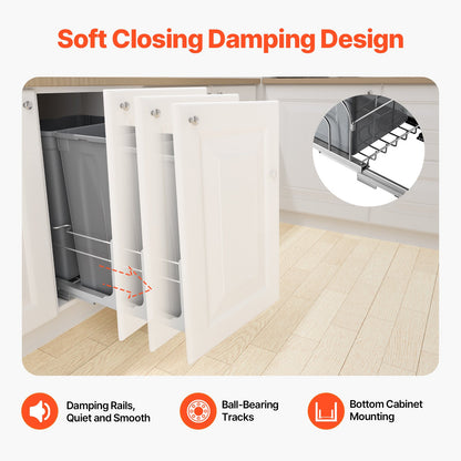 Pull-Out Trash Can, 50 QT x2 Double Under Mount Kitchen Waste Container, Heavy Duty Garbage Recycling Bin with Door Kit and Soft Close Slide, for Kitchen Cabinet, Sink, Under Counter (Grey)