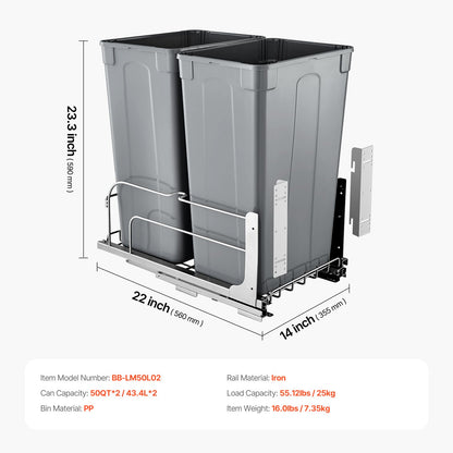Pull-Out Trash Can, 50 QT x2 Double Under Mount Kitchen Waste Container, Heavy Duty Garbage Recycling Bin with Door Kit and Soft Close Slide, for Kitchen Cabinet, Sink, Under Counter (Grey)