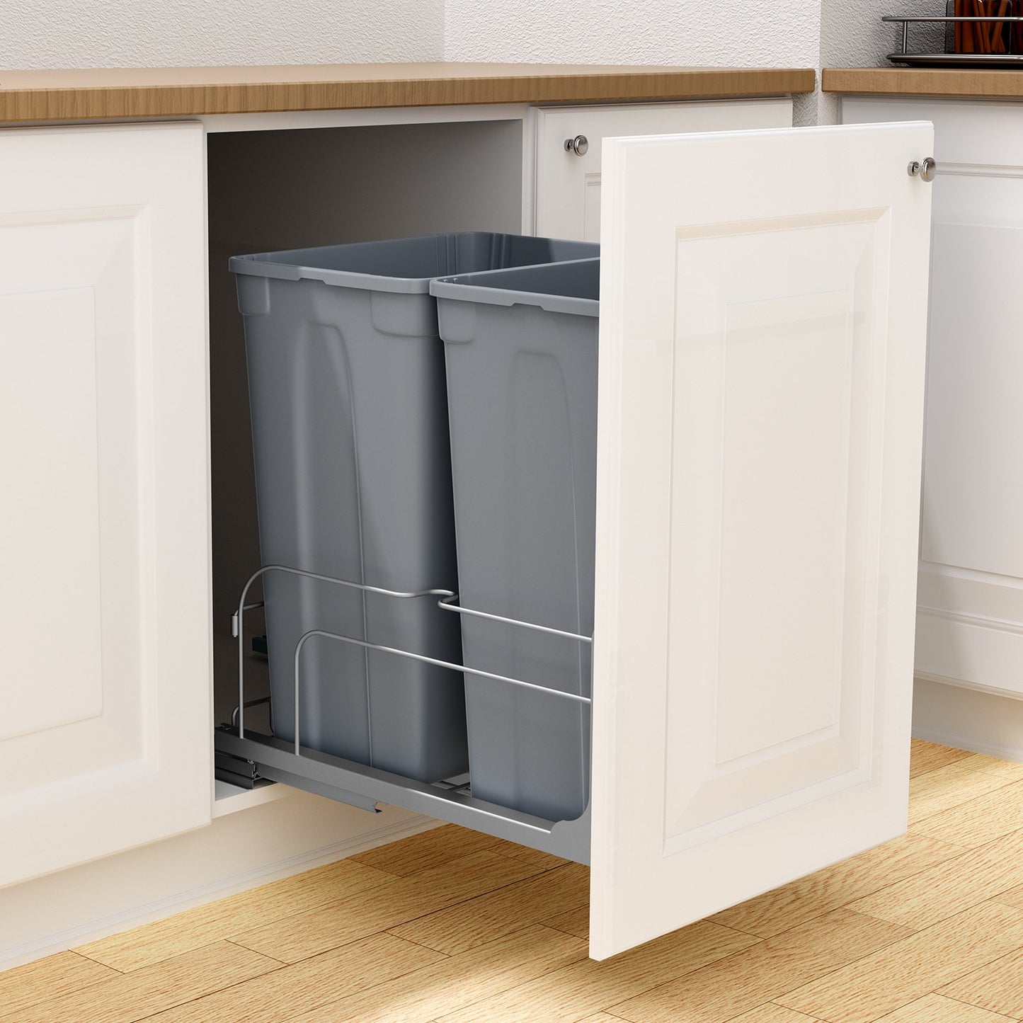 Pull-Out Trash Can, 50 QT x2 Double Under Mount Kitchen Waste Container, Heavy Duty Garbage Recycling Bin with Door Kit and Soft Close Slide, for Kitchen Cabinet, Sink, Under Counter (Grey)