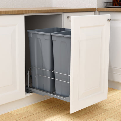 Pull-Out Trash Can, 50 QT x2 Double Under Mount Kitchen Waste Container, Heavy Duty Garbage Recycling Bin with Door Kit and Soft Close Slide, for Kitchen Cabinet, Sink, Under Counter (Grey)