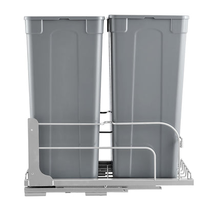 Pull-Out Trash Can, 50 QT x2 Double Under Mount Kitchen Waste Container, Heavy Duty Garbage Recycling Bin with Door Kit and Soft Close Slide, for Kitchen Cabinet, Sink, Under Counter (Grey)