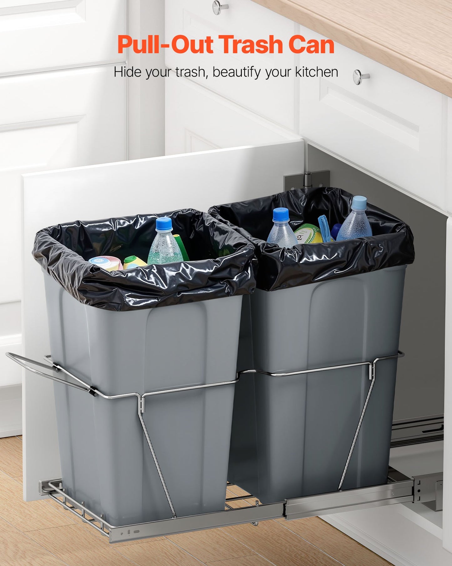 Pullout Trash Can for Kitchen Cabinets, 27QTx2 Double Under Sink Garbage Waste Recycling Bin, Under Mount Waste Container, with Heavy Duty Metal Full Extension Sliding System and Handle