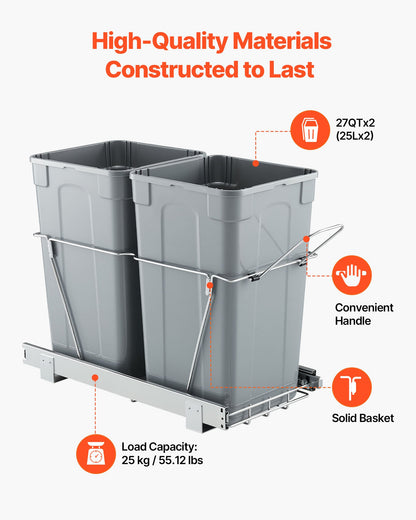 Pullout Trash Can for Kitchen Cabinets, 27QTx2 Double Under Sink Garbage Waste Recycling Bin, Under Mount Waste Container, with Heavy Duty Metal Full Extension Sliding System and Handle