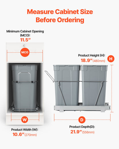 Pullout Trash Can for Kitchen Cabinets, 27QTx2 Double Under Sink Garbage Waste Recycling Bin, Under Mount Waste Container, with Heavy Duty Metal Full Extension Sliding System and Handle