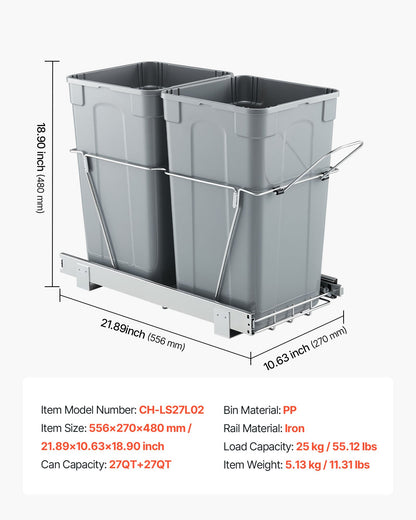 Pullout Trash Can for Kitchen Cabinets, 27QTx2 Double Under Sink Garbage Waste Recycling Bin, Under Mount Waste Container, with Heavy Duty Metal Full Extension Sliding System and Handle