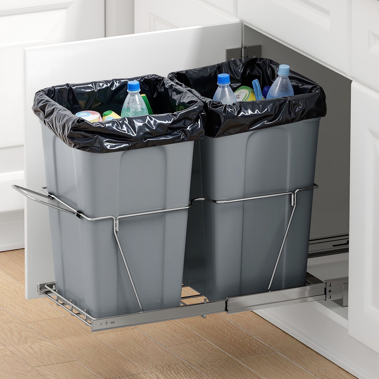 Pullout Trash Can for Kitchen Cabinets, 27QTx2 Double Under Sink Garbage Waste Recycling Bin, Under Mount Waste Container, with Heavy Duty Metal Full Extension Sliding System and Handle