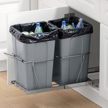 Pullout Trash Can for Kitchen Cabinets, 27QTx2 Double Under Sink Garbage Waste Recycling Bin, Under Mount Waste Container, with Heavy Duty Metal Full Extension Sliding System and Handle