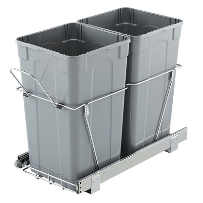 Pullout Trash Can for Kitchen Cabinets, 27QTx2 Double Under Sink Garbage Waste Recycling Bin, Under Mount Waste Container, with Heavy Duty Metal Full Extension Sliding System and Handle