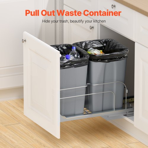 Double pull-out kitchen trash can, soft-closing, gray, 27 QTx2