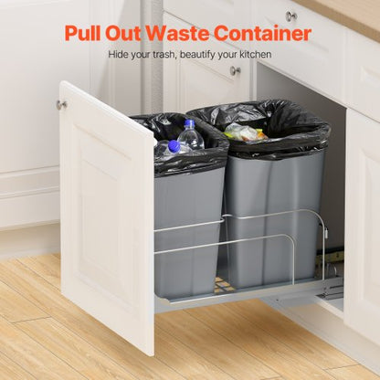 Double pull-out kitchen trash can, soft-closing, gray, 27 QTx2