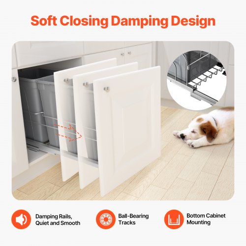 Double pull-out kitchen trash can, soft-closing, gray, 27 QTx2